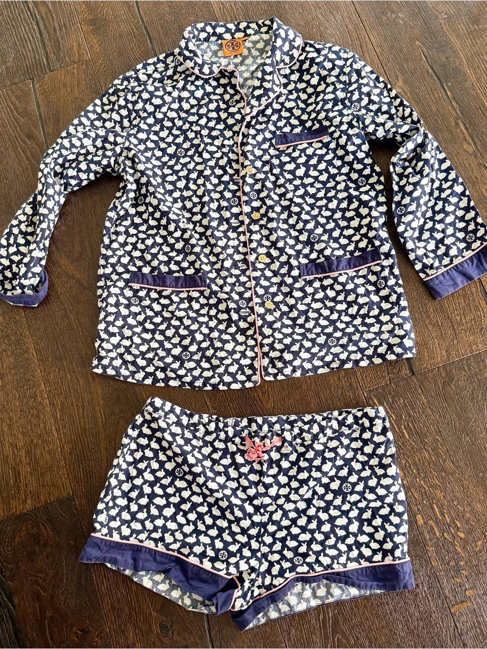 Tory Burch Navy and White Bunny-Print Pajama Set with Pink Piping